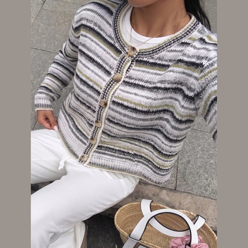 Black and Gray Space Dyed Striped Button Front Cropped Cardigan